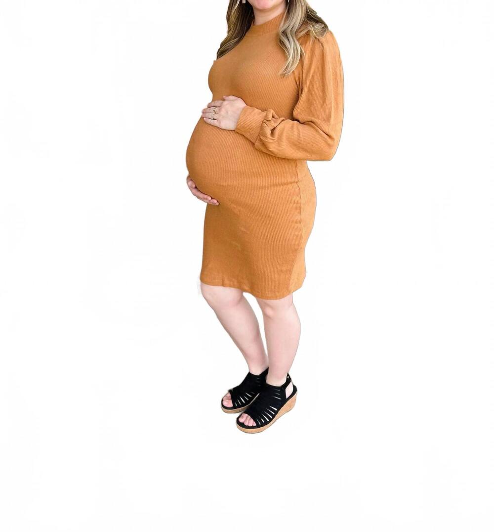 NEW HELLO MIZ cozy knit maternity midi dress in camel